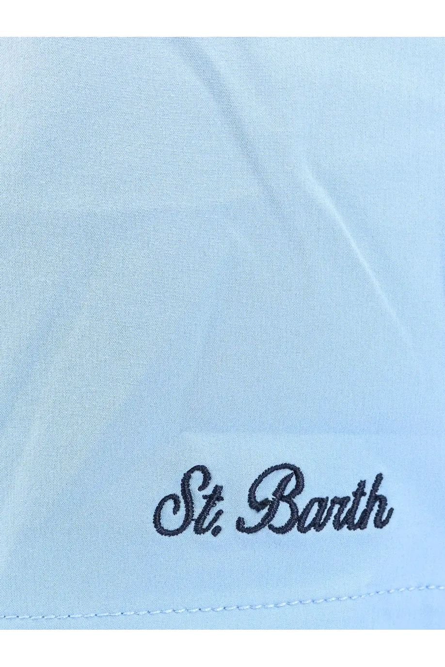 Light blue fabric detail with black embroidered st on m c 2 saint barth men’s comfort recycled nylon swim boxer shorts black