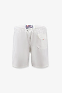 Mc2 saint barth men’s comfort recycled nylon swim boxer shorts black with subtle red logo on pocket and waistband label