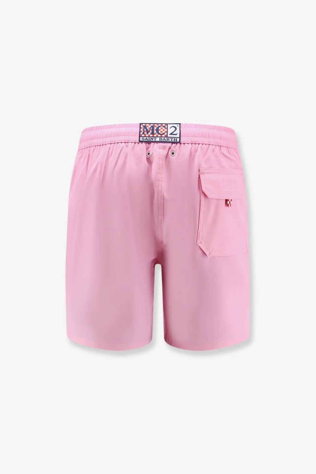 Pink mc2 saint barth men’s swim trunks made of recycled nylon with branded waistband and side pocket for comfort
