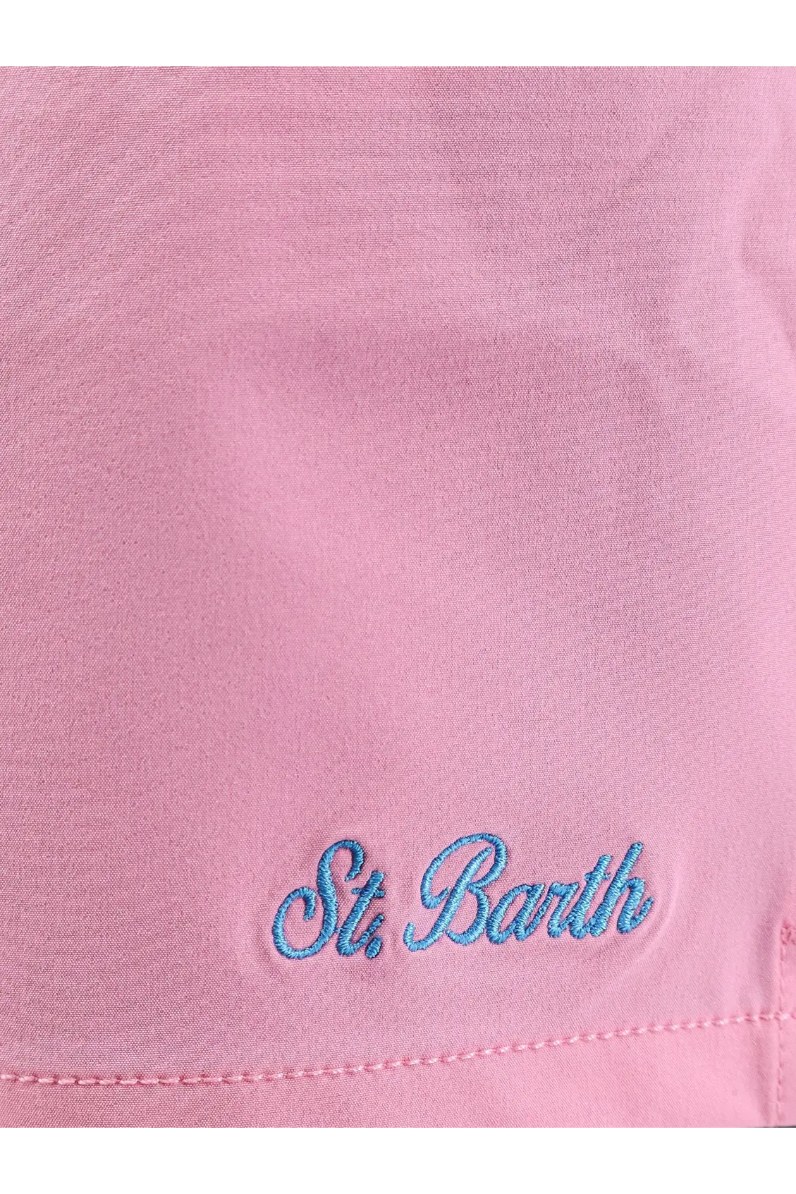 Pink mc2 Saint Barth men’s comfort swim trunks with blue embroidered st detail made of recycled nylon