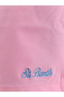 Pink mc2 Saint Barth men’s comfort swim trunks with blue embroidered st detail made of recycled nylon