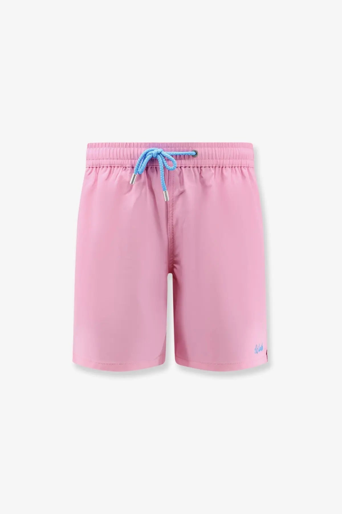 Mc2 Saint Barth men’s comfort recycled nylon swim trunks in pink with light blue drawstring and silver aglets
