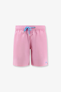 Mc2 Saint Barth men’s comfort recycled nylon swim trunks in pink with light blue drawstring and silver aglets