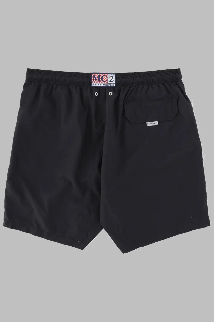 Black mc2 saint barth men’s swim trunks with subtle textured fabric and branded label at the waistband