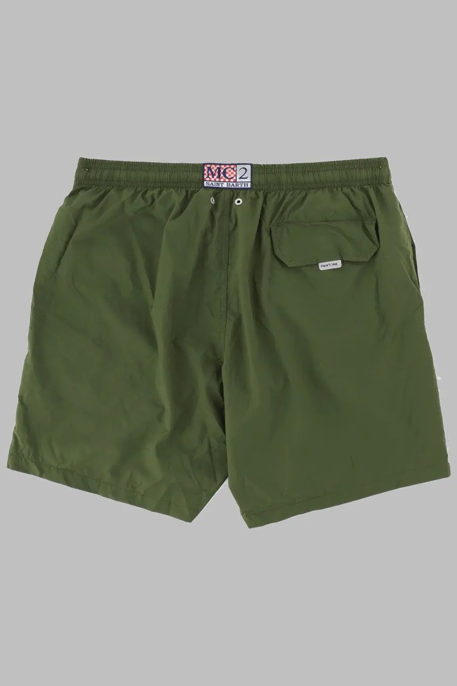 Olive green swim trunks with a elastic waistband and side pocket