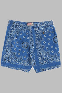 Mc2 saint barth men’s blue shorts with white and black paisley bandana pattern drawstring waistband and side pockets