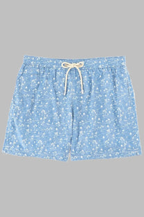 Mc2 Saint Barth men’s light blue swim trunks with white palm tree and sailboat pattern elastic waistband and cream drawstrings