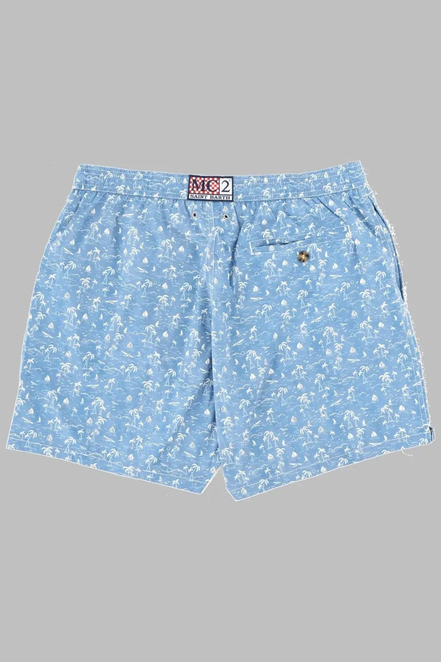 Mc2 Saint Barth men’s light blue swim trunks with white palm tree and wave print elastic waistband and front pocket