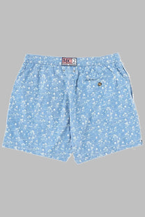 Mc2 Saint Barth men’s light blue swim trunks with white palm tree and wave print elastic waistband and front pocket