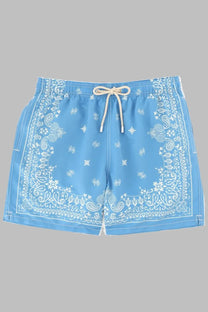 Light blue mc2 saint barth men’s swim trunks with white bandana paisley floral pattern and cream drawstrings