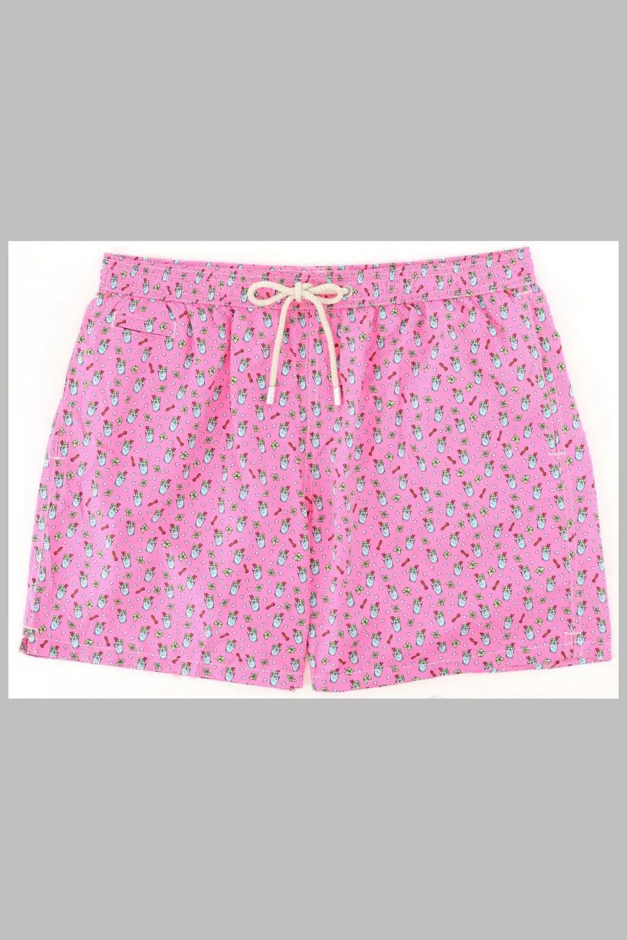 Mc2 saint barth men swim trunks in pink with white and red cartoon print and elastic waistband with drawstrings