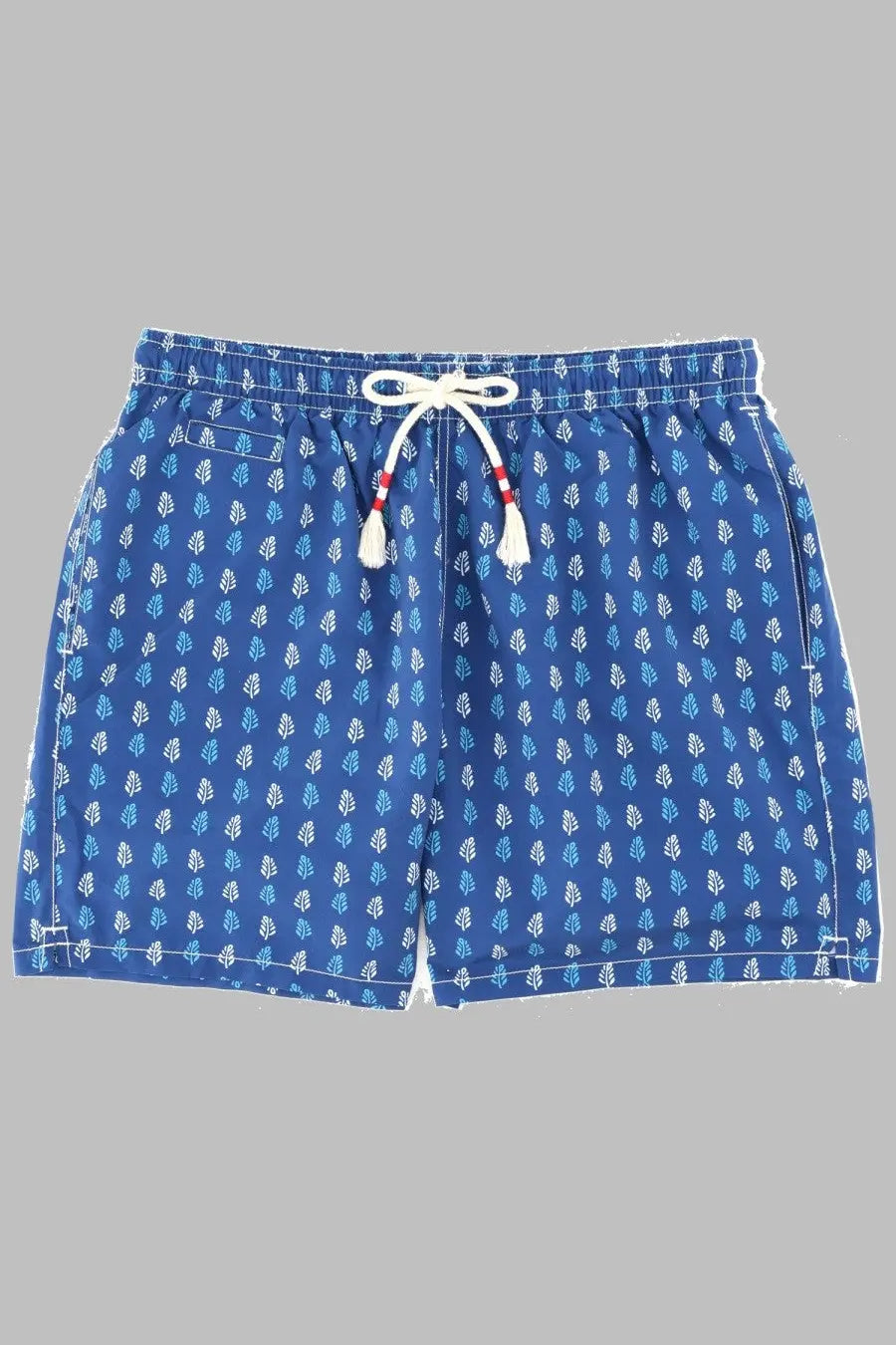 Blue swim trunks by mc2 saint barth with light blue white leaf pattern and cream drawstring elastic waistband