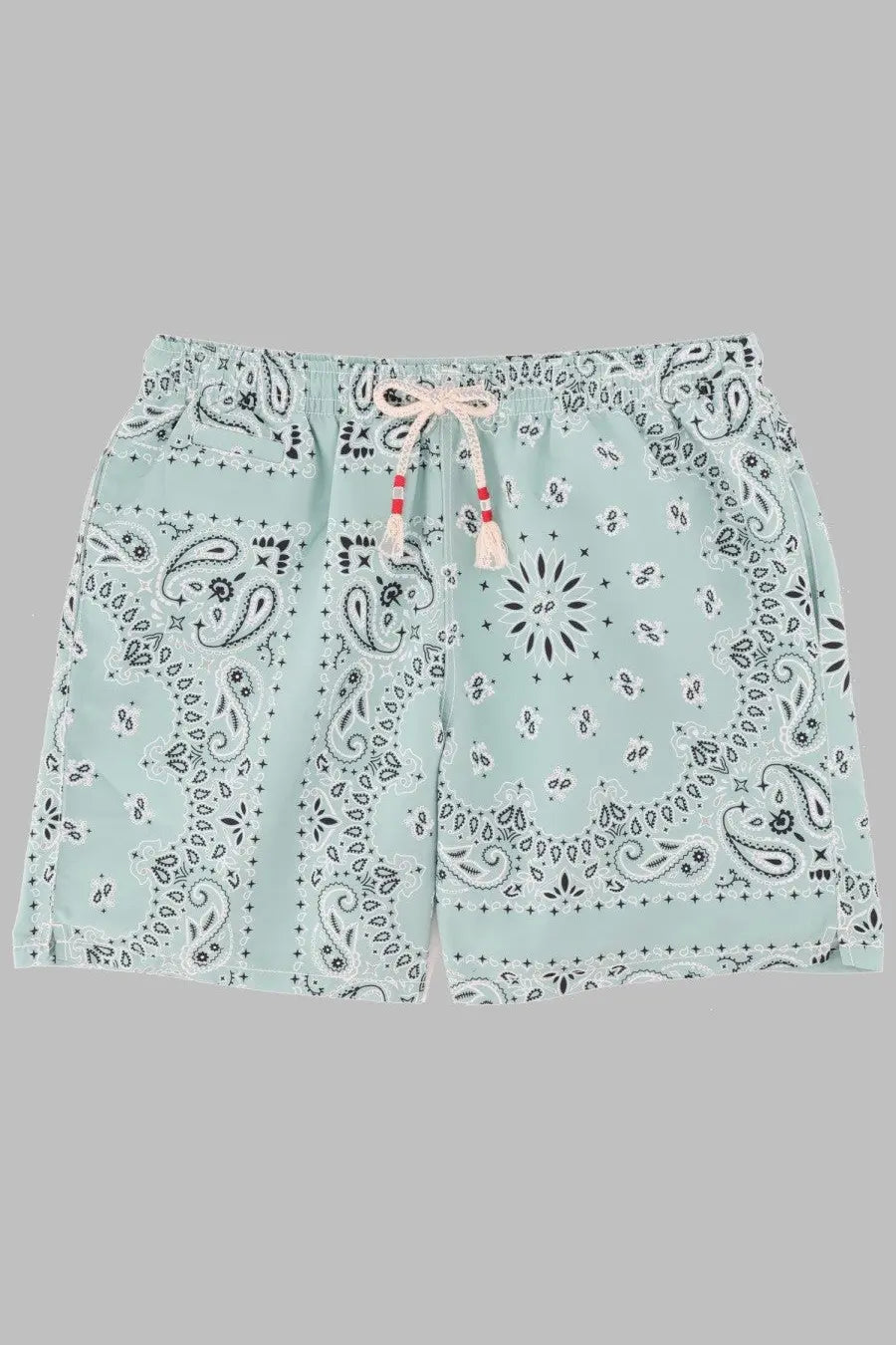 Mc2 Saint Barth men’s costume da bagno green swim trunks with black and white paisley pattern and red beige drawstring ties