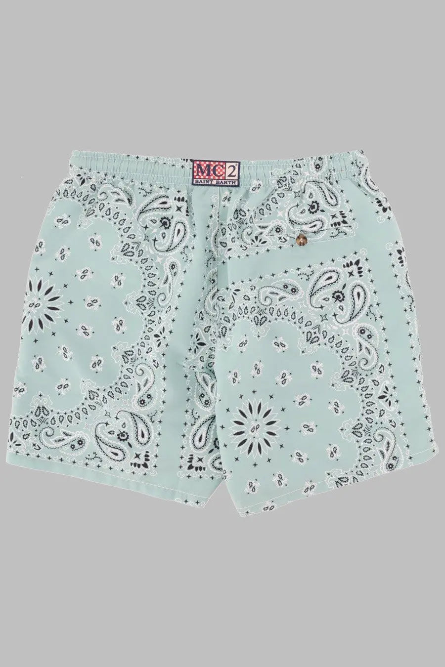 Mc2 saint barth men’s light mint green swim trunks with black and white paisley bandana print for beachwear