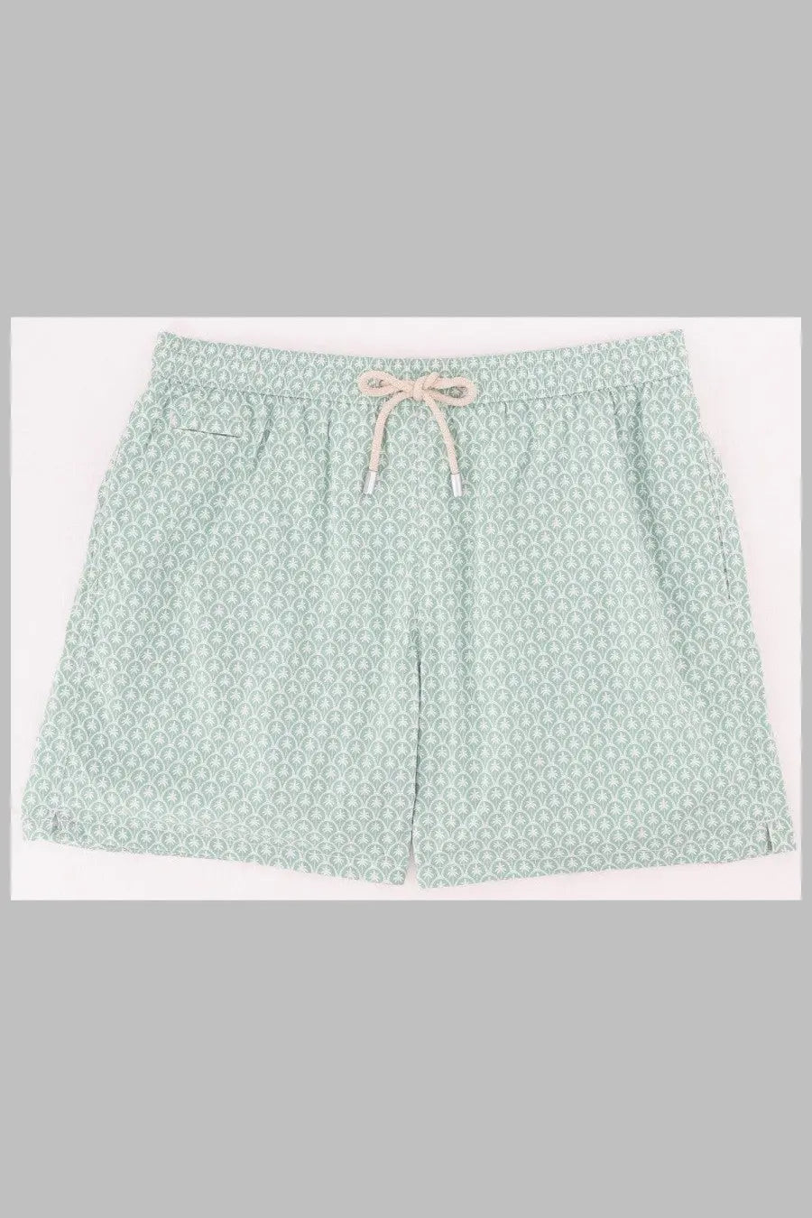 Mc2 saint barth men’s light green swim trunks with subtle white pattern and matching drawstring for beachwear