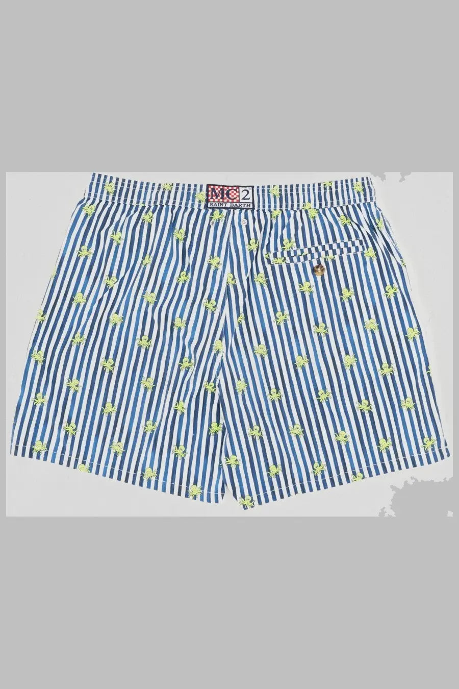 Mc2 saint barth men’s blue and white striped swim trunks with lime green octopus print for beach wear