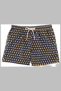 Mc2 Saint Barth men’s dark blue swim trunks with yellow rubber duck print and white drawstrings for beachwear