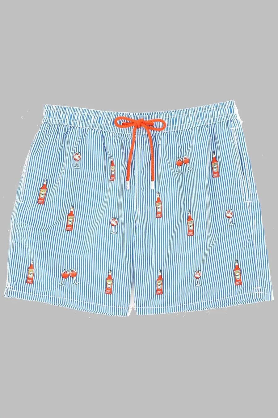 Mc2 Saint Barth men’s light blue and white striped swim trunks with red drawstring and bottle wine glass pattern