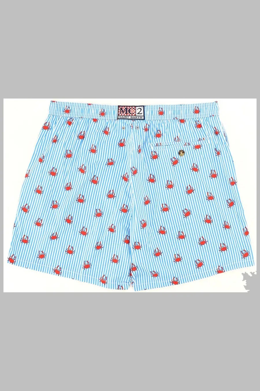 Light blue and white striped m2 by saint barth boxer shorts with red crab pattern men’s multicolor swimwear