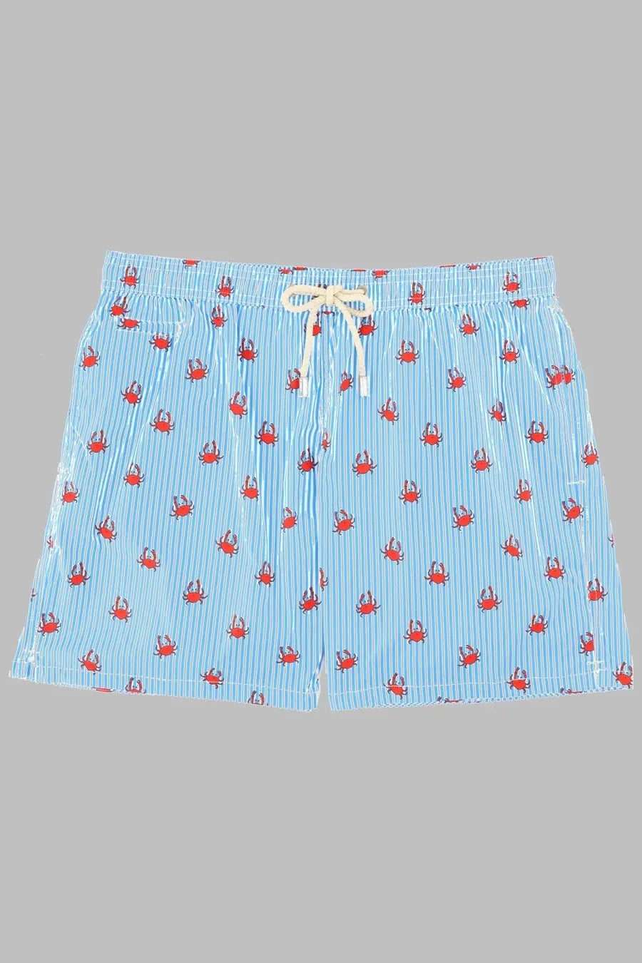 Mc2 Saint Barth men’s light blue striped swim trunks with red crab pattern and cream drawstrings for beachwear