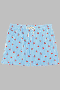 Mc2 Saint Barth men’s light blue striped swim trunks with red crab pattern and cream drawstrings for beachwear