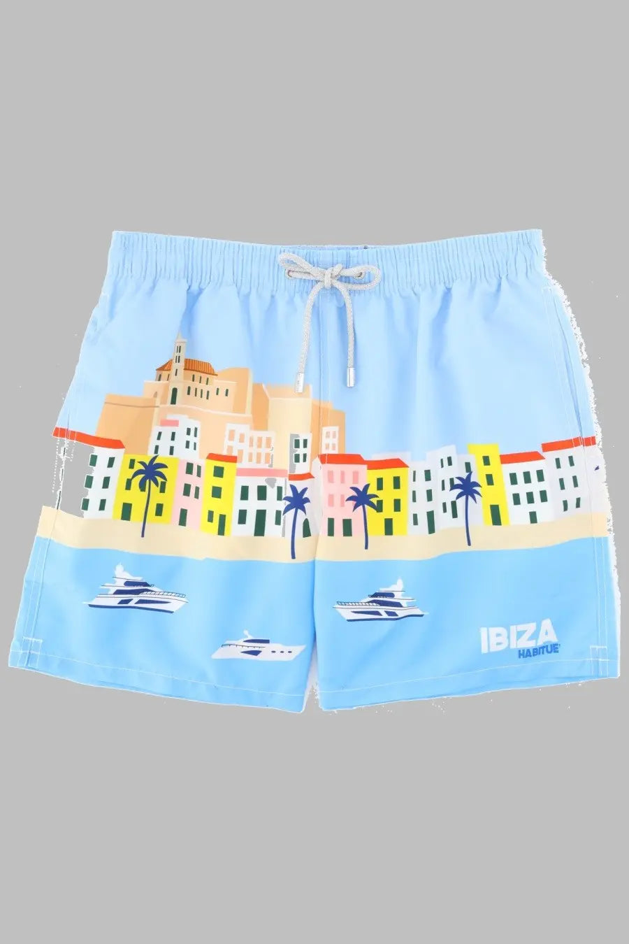 Light blue mc2 saint barth men’s swim trunks with colorful ibiza coastal town print and ibiza habitue branding