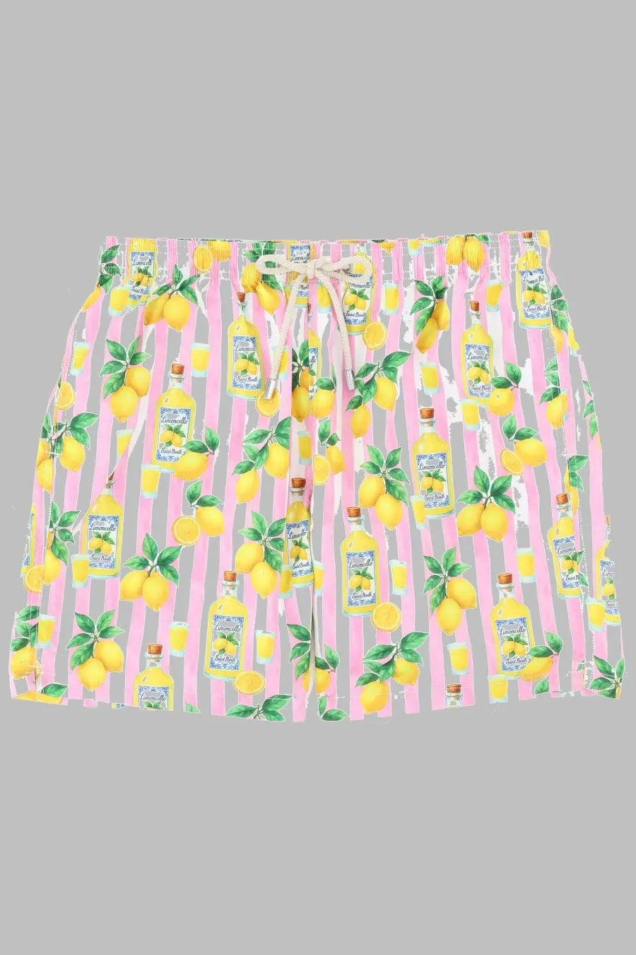 Mc2 Saint Barth men’s swim trunks with pink and gray stripes and a colorful lemonade print with lemons and bottles