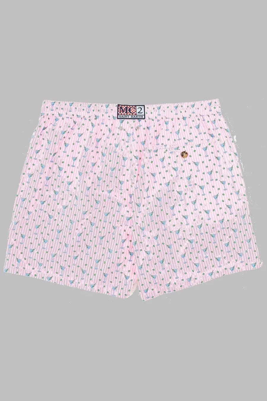 Mc2 Saint Barth men’s pink boxer shorts with light blue martini glass pattern and branded waistband label