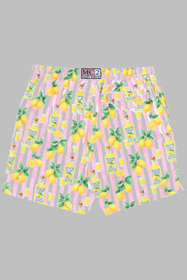 Mc2 saint barth men’s costume da bagno boxer shorts pink and white striped with yellow lemons green leaves and lemon bottles pattern