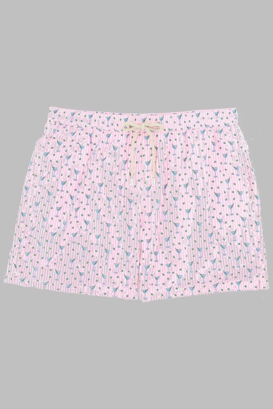 Mc2 Saint Barth men’s costume da bagno multicolor pink shorts with blue martini glasses and gray polka dots elastic waistband