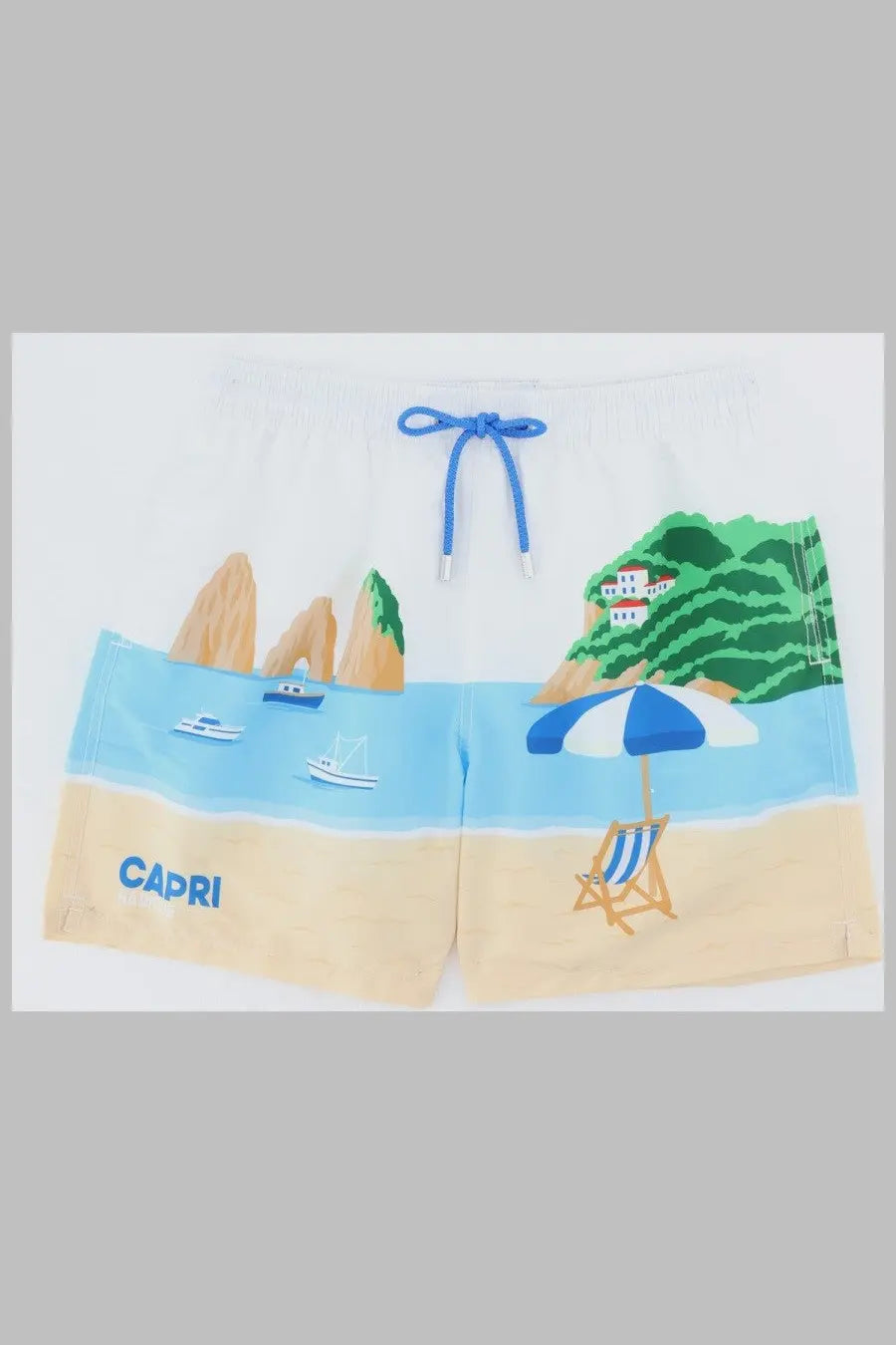 Mc2 saint barth men’s white swim trunks with blue drawstring and colorful beach scene print for summer use