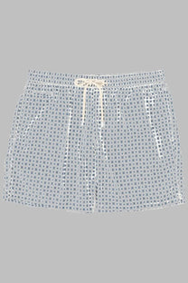 Mc2 saint barth men’s swim trunks white with navy blue crosshatch pattern and matching drawstring waistband