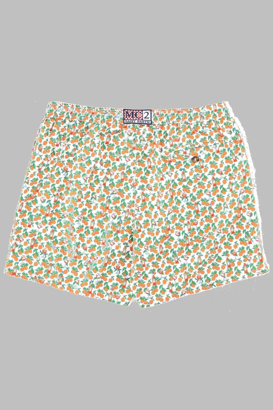 White boxer shorts with orange and green citrus pattern elastic waistband and m2 brand label by mc2 saint barth