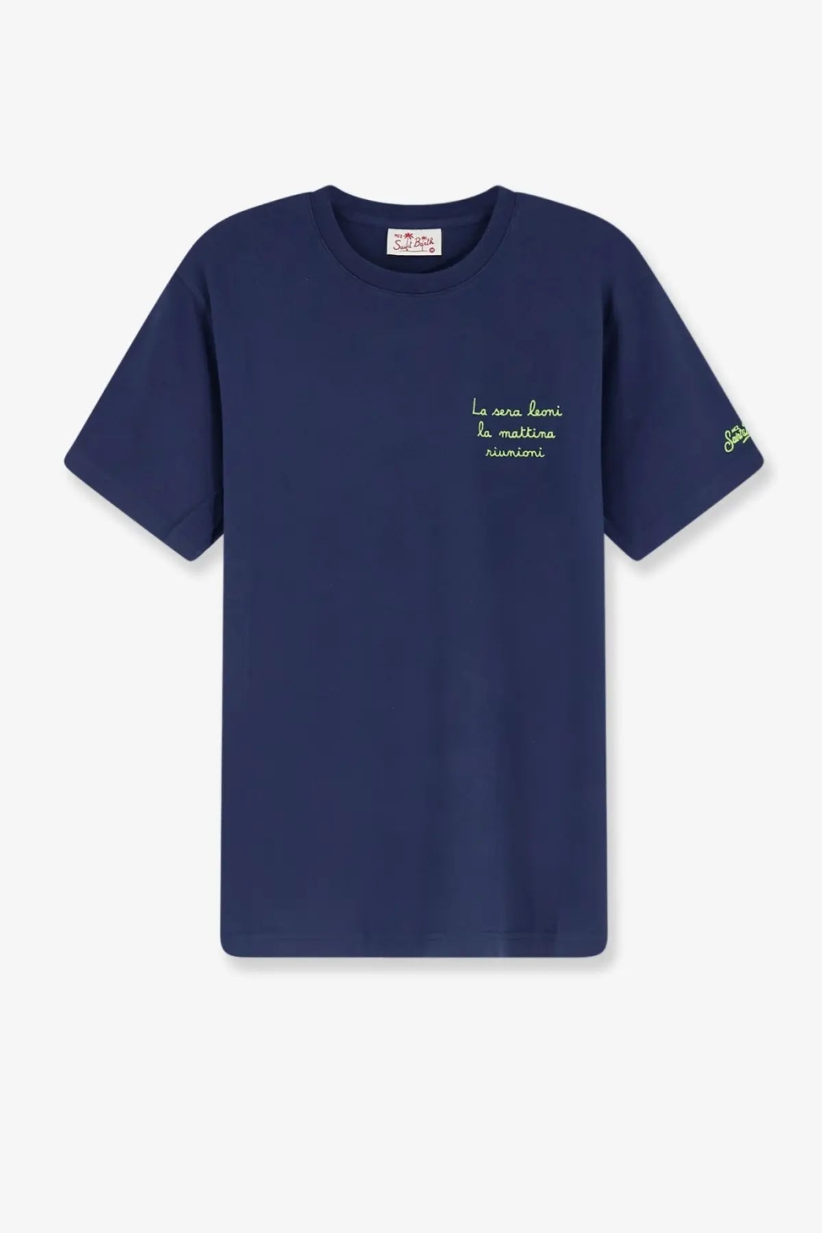 Navy blue cotton short-sleeved t-shirt with embroidered green text and logo by Mc2 Saint Barth for men