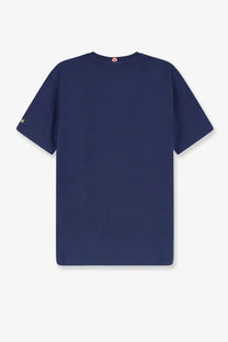 Navy blue Mc2 Saint Barth men’s cotton t shirt with short sleeves yellow logo on left sleeve and red white neckline tag
