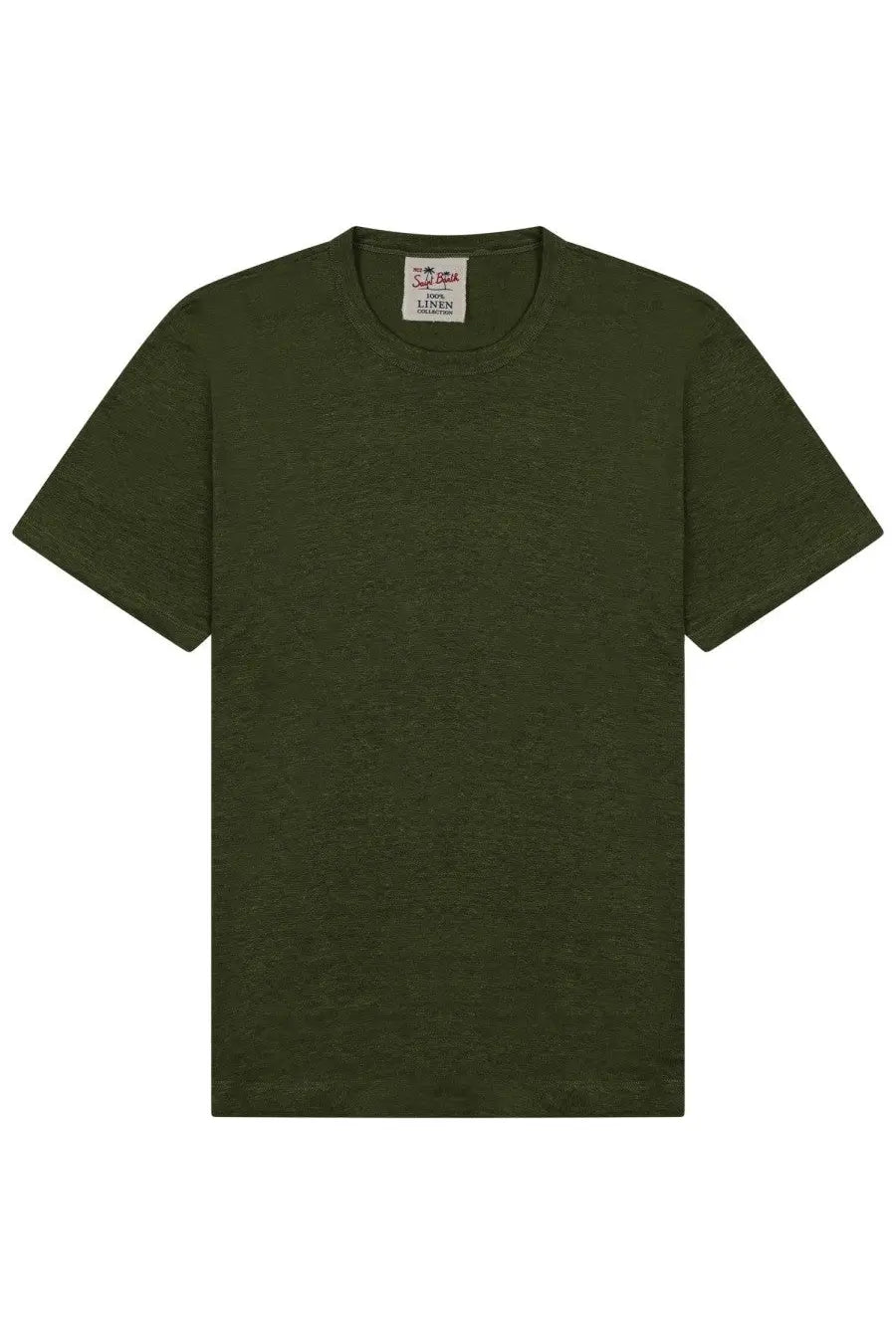 Mc2 Saint Barth men’s ecstasea olive green linen t-shirt with crew neck and short sleeves front view