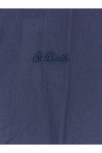Dark blue linen fabric detail of mc2 saint barth men’s ice cotton shirt with st branding visible