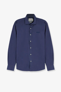 Navy blue Mc2 Saint Barth men’s ice cotton dress shirt with subtle embroidered logo and white buttons on left chest