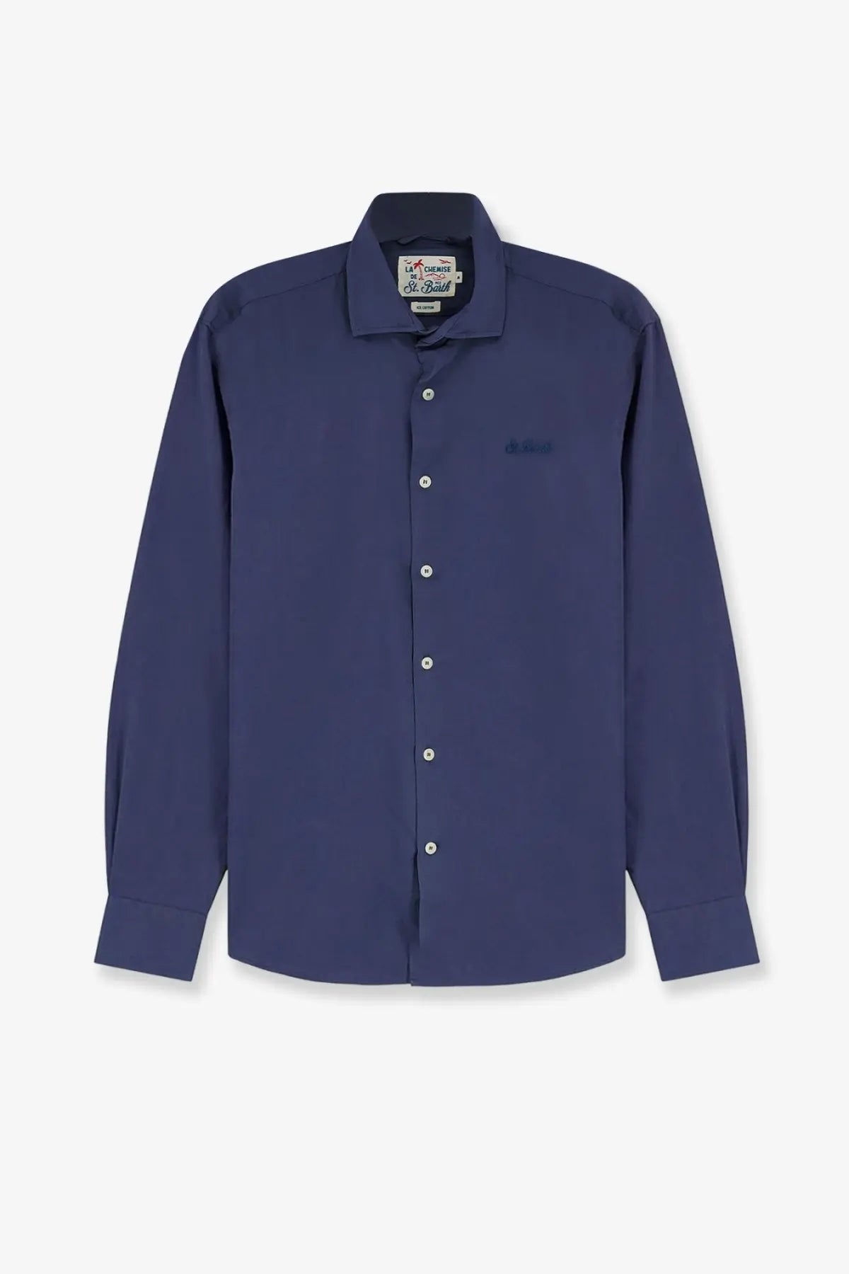 Navy blue Mc2 Saint Barth men’s ice cotton dress shirt with subtle embroidered logo and white buttons on left chest