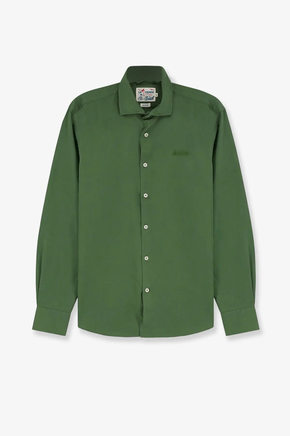 Mc2 Saint Barth men’s ice cotton shirt military in dark green with long sleeves classic collar and subtle stitching details
