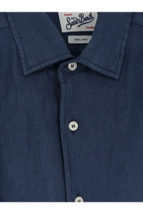 Mc2 Saint Barth men’s navy blue linen button-down shirt with white buttons and branded collar label