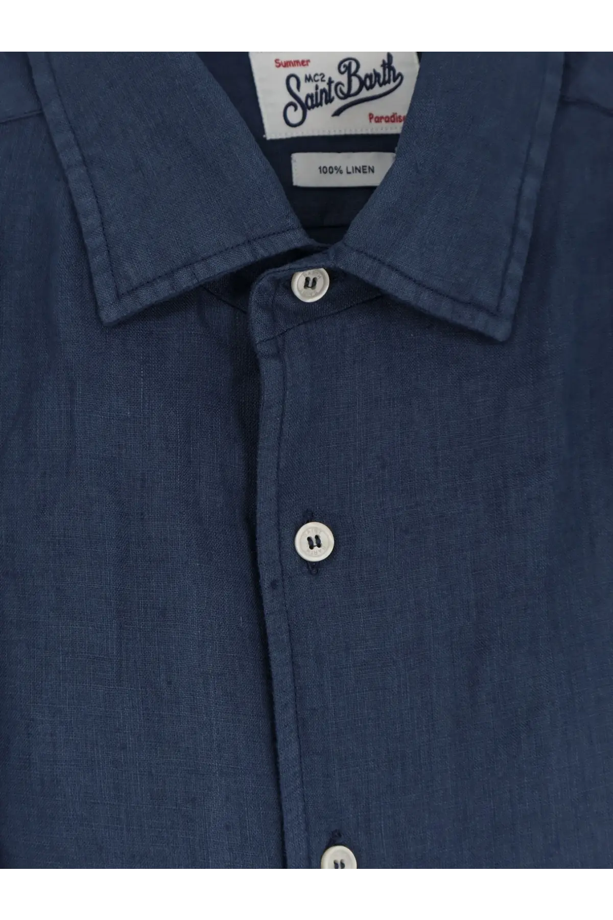Mc2 Saint Barth men’s navy blue linen button-down shirt with white buttons and branded collar label