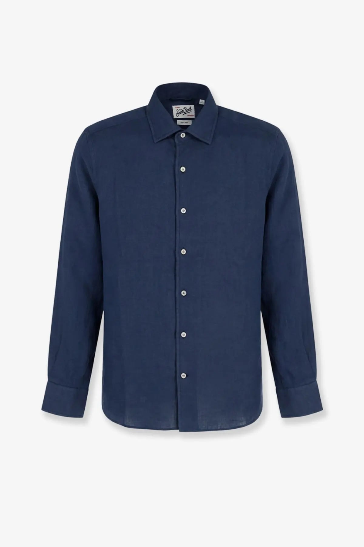 Mc2 Saint Barth men’s linen shirt in navy blue with long sleeves classic collar and white buttons