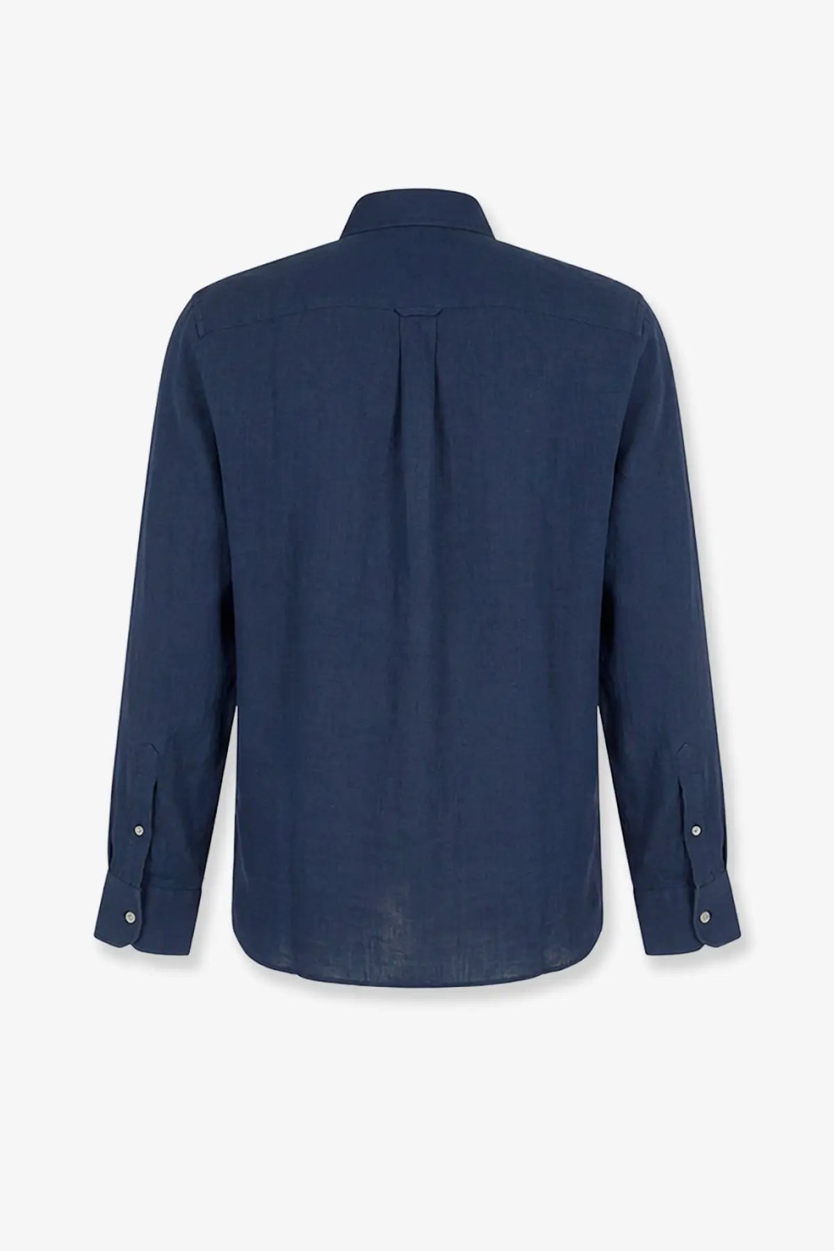 Navy blue long-sleeved Mc2 Saint Barth men’s linen shirt with pleated back and subtle texture shown from the back