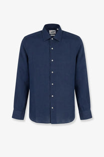 Mc2 Saint Barth men’s navy blue linen shirt with long sleeves classic collar and white buttons