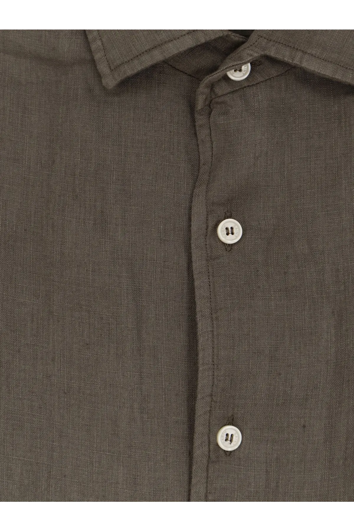 A close-up of a dark olive green mc2 saint barth men’s linen button-down shirt with white buttons and subtle stitching details