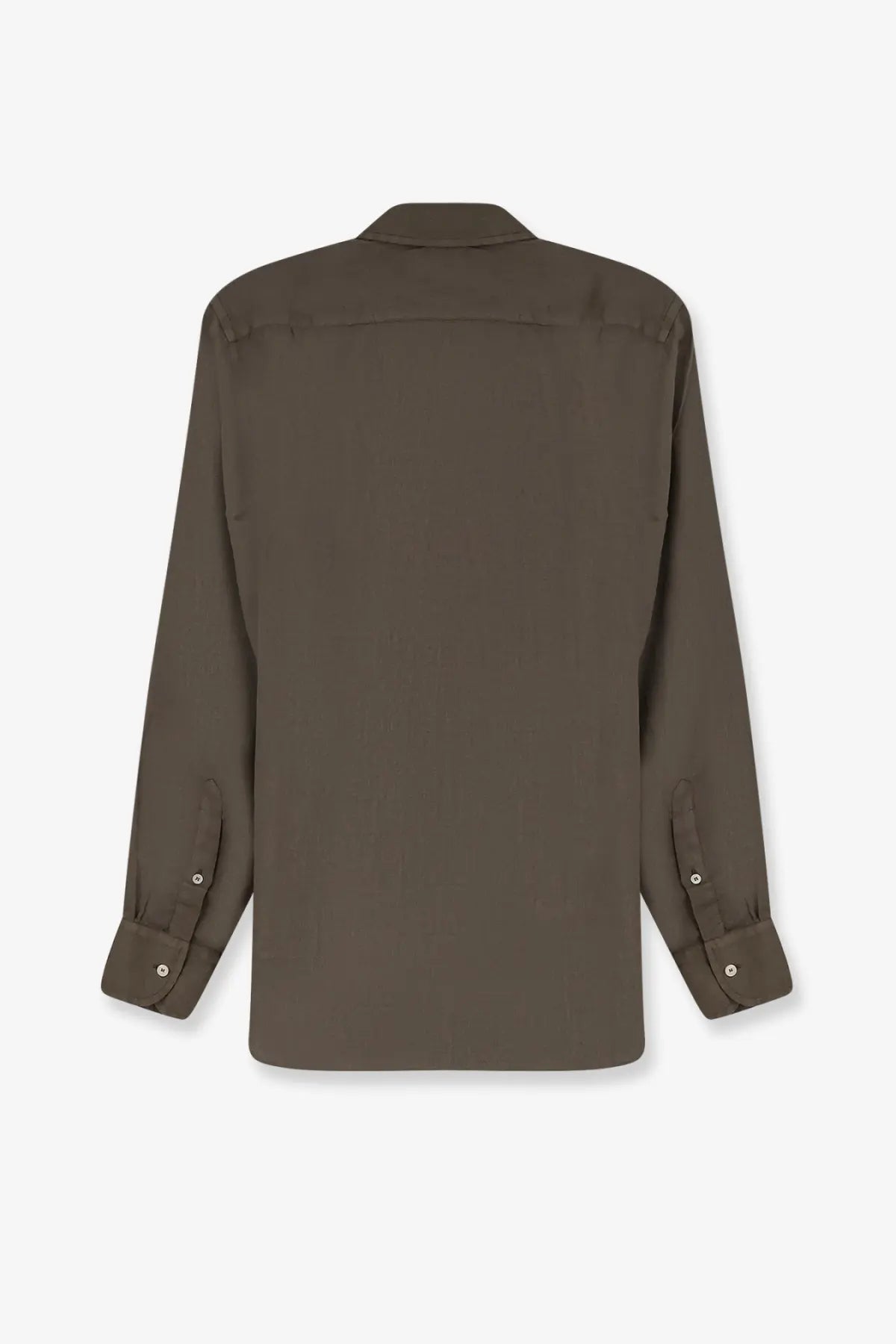 Mc2 Saint Barth men’s olive green linen long-sleeved shirt with classic collar and button-down front