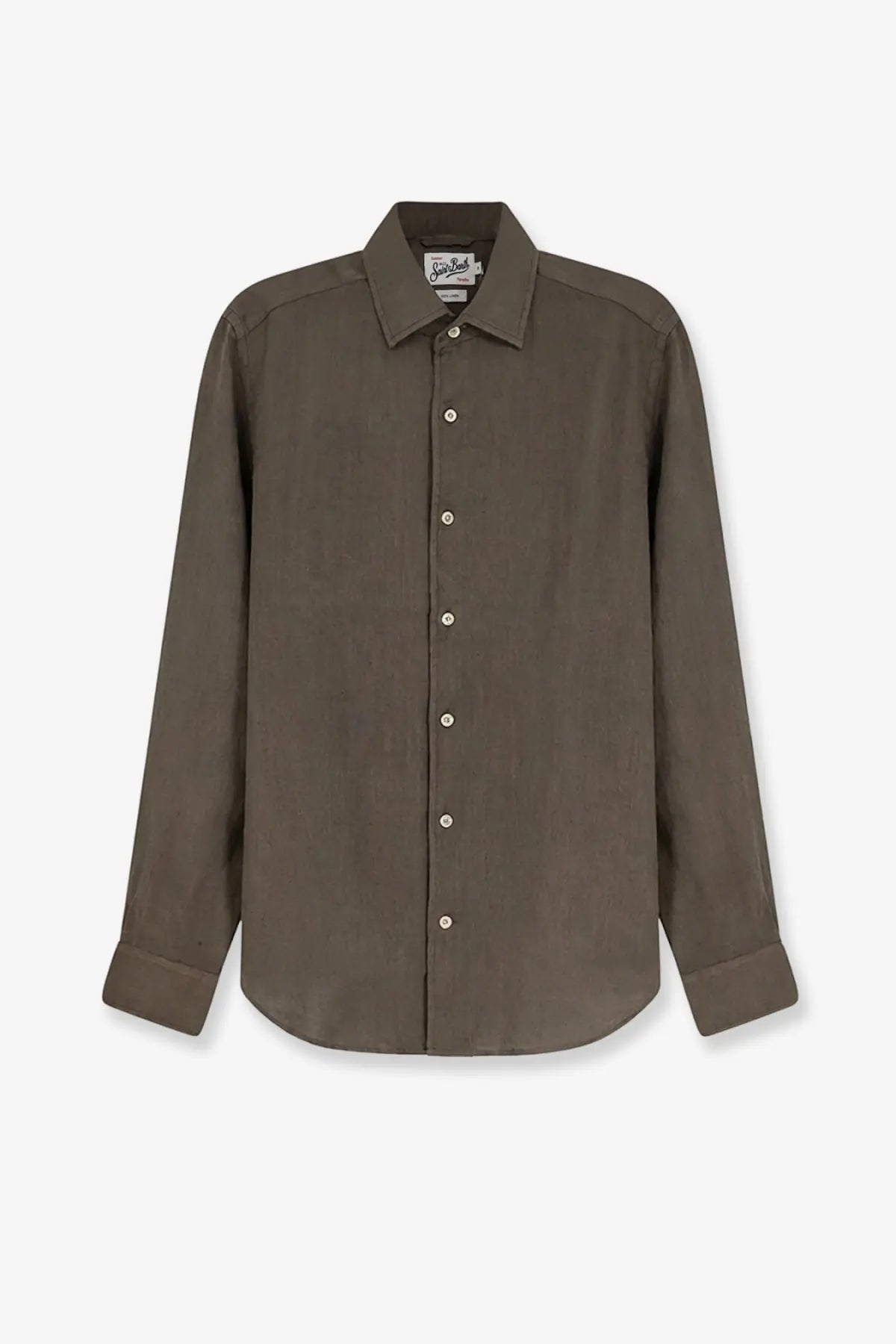 A sleek olive-green linen button-down shirt with classic collar by Mc2 Saint Barth for men