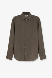 A sleek olive-green linen button-down shirt with classic collar by Mc2 Saint Barth for men