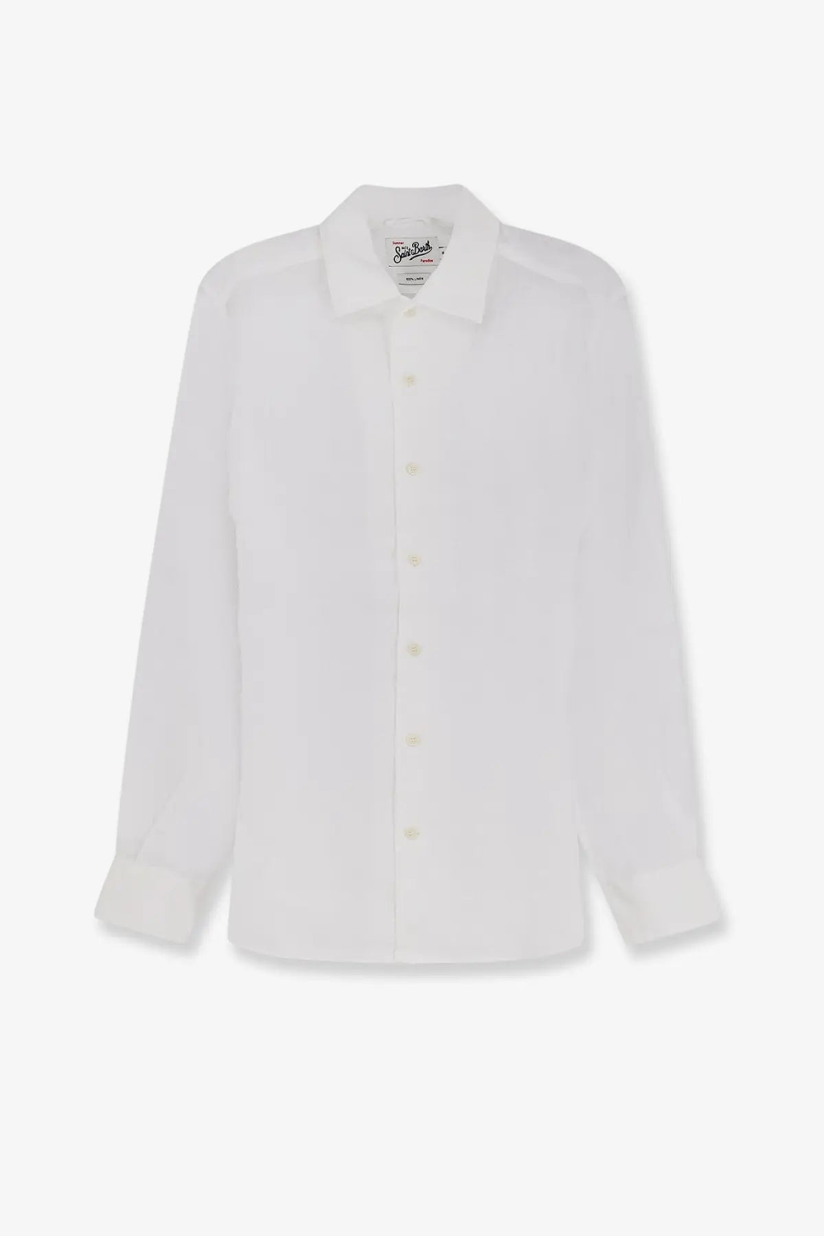 Mc2 Saint Barth men’s white linen shirt with long sleeves button down and classic collar featuring pleated cuffs